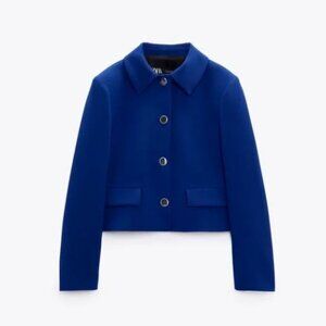 Zara Cropped Blazer Suit Jacket Cobalt Blue Silver Buttons